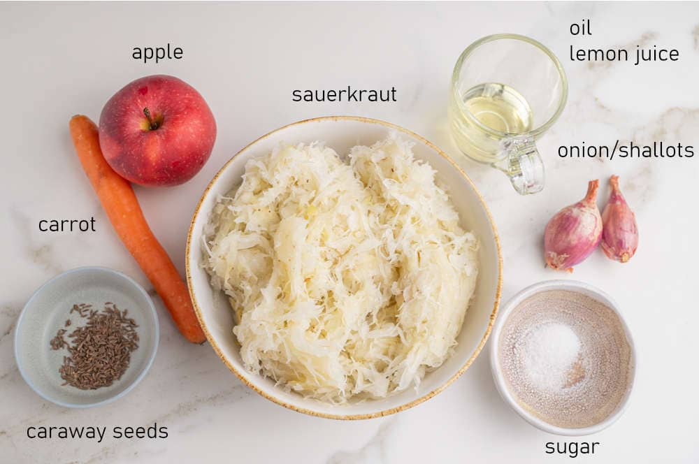 Labeled ingredients for sauerkraut salad.