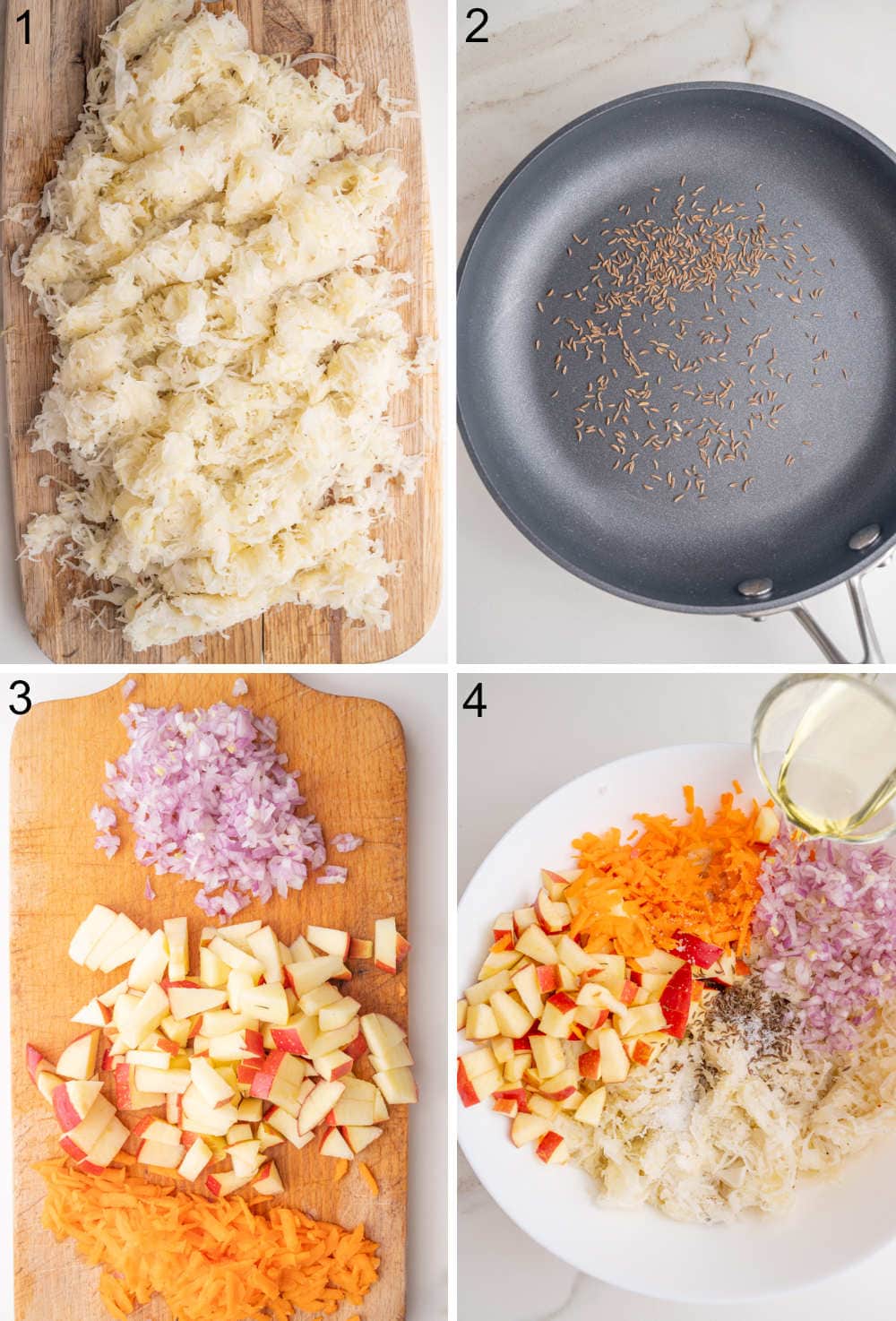 A collage of 4 photos showing how to make sauerkraut salad.