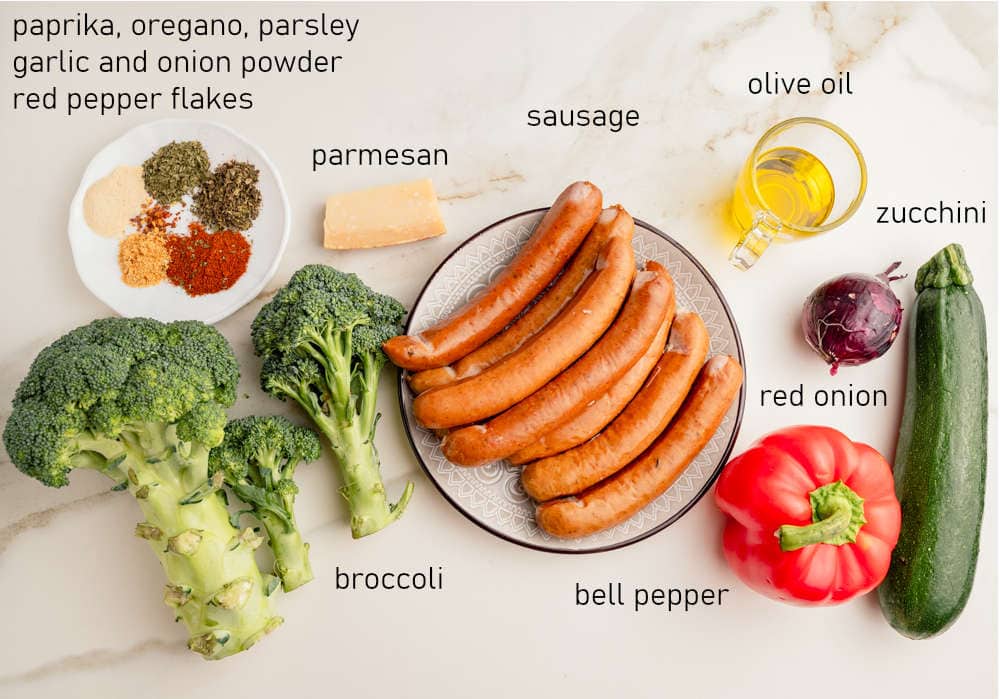 Labeled ingredients for sheet pan sausage and vegetables.