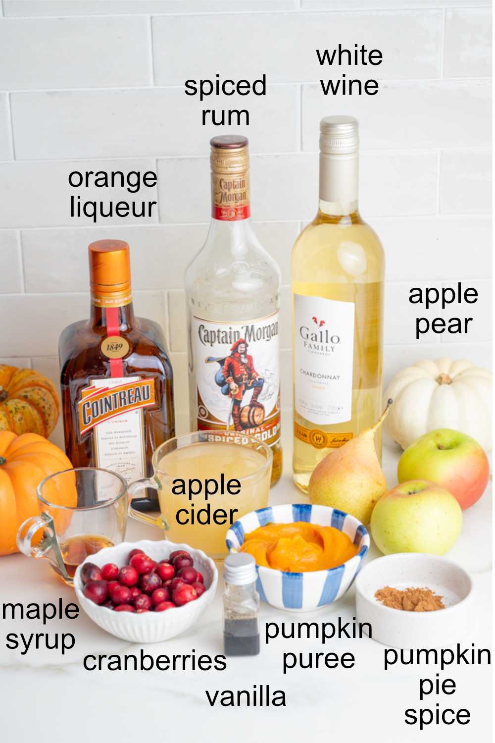 Labeled ingredients for Thanksgiving sangria.