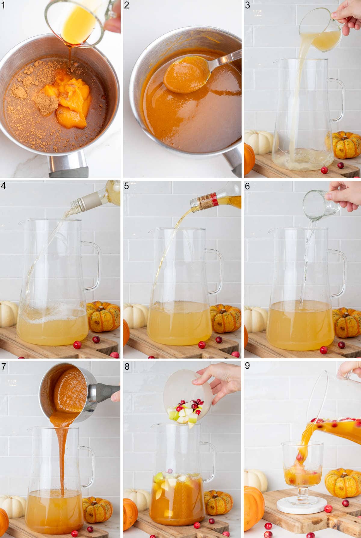 A collage of nine photos showing how to prepare Thanksgiving sangria step by step.