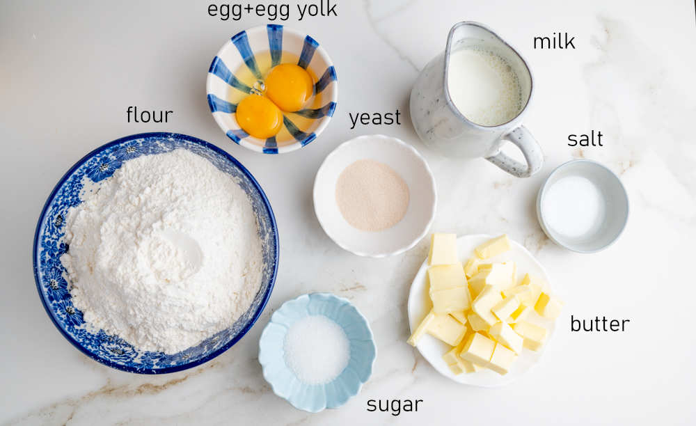 Labeled ingredients for yeast dough.