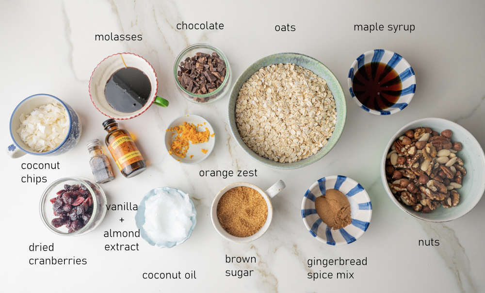 Labeled ingredients for gingerbread granola.