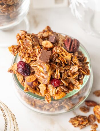 Gingerbread granola in a small bowl.