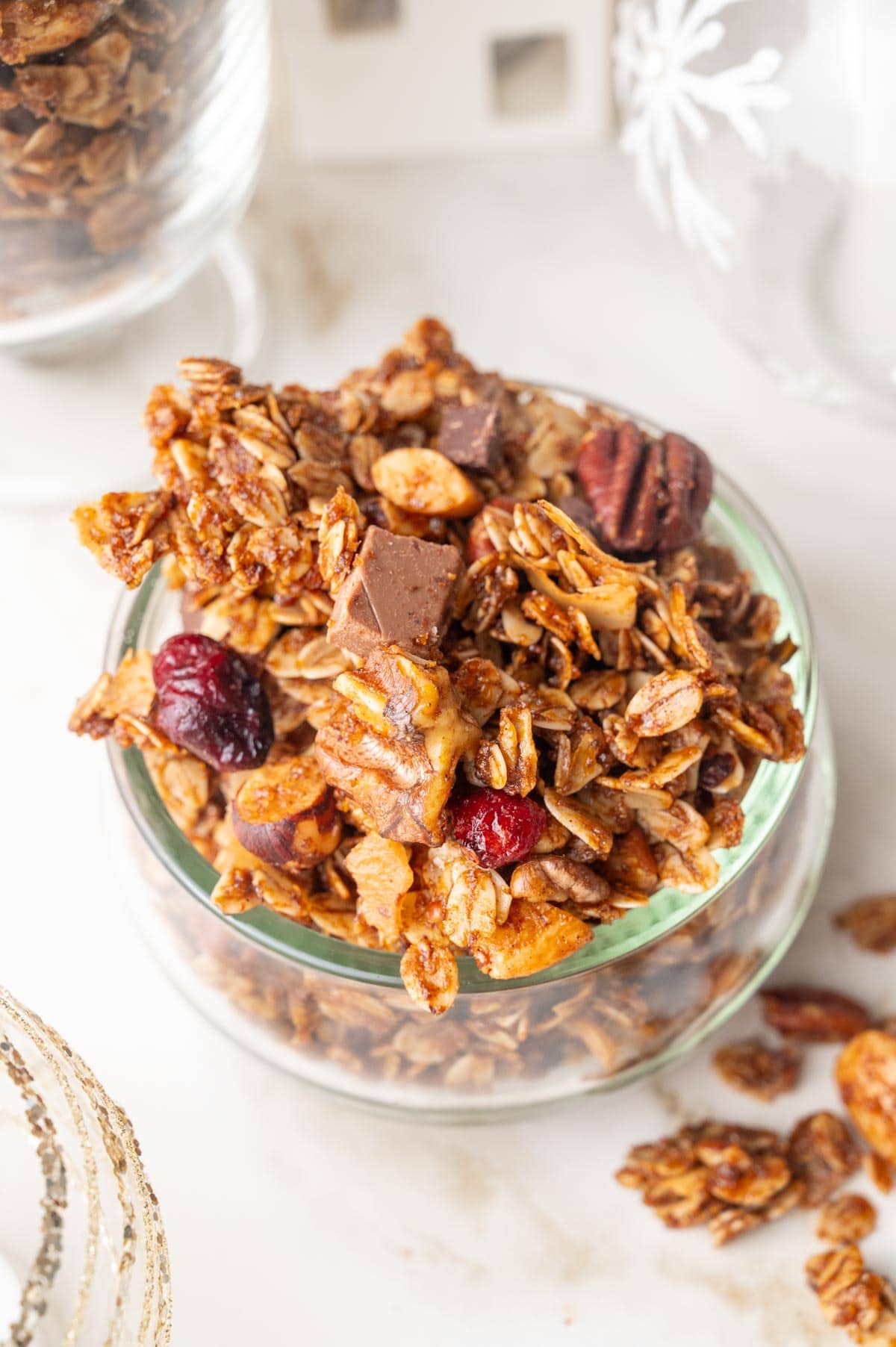 Gingerbread granola in a small bowl.