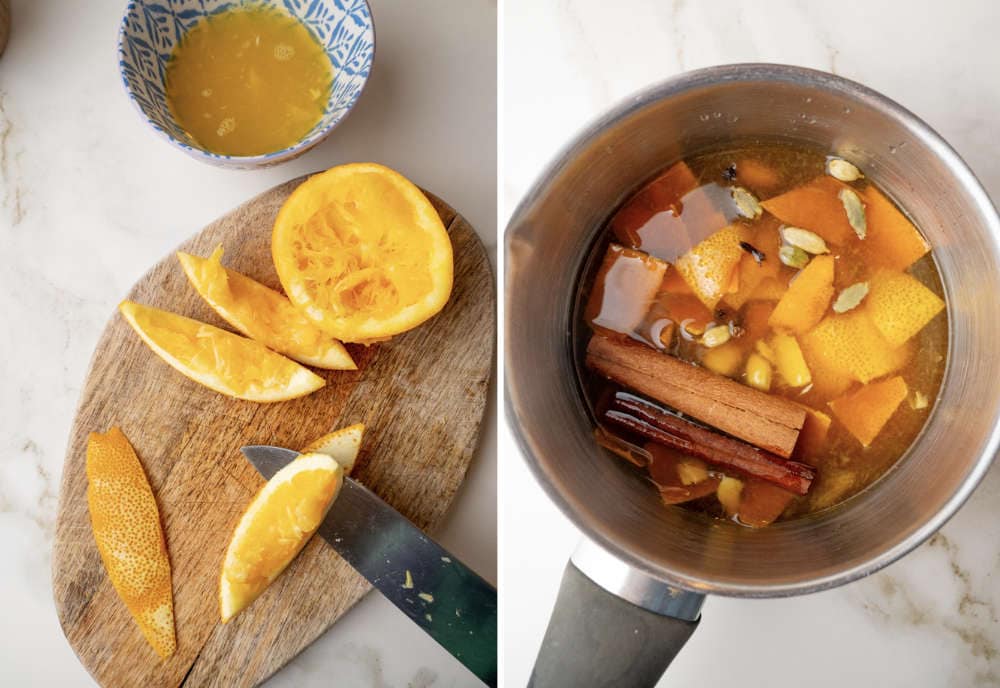 White pith is being removed from orange skin wedges. Ingredients for spiced orange syrup in a pot.