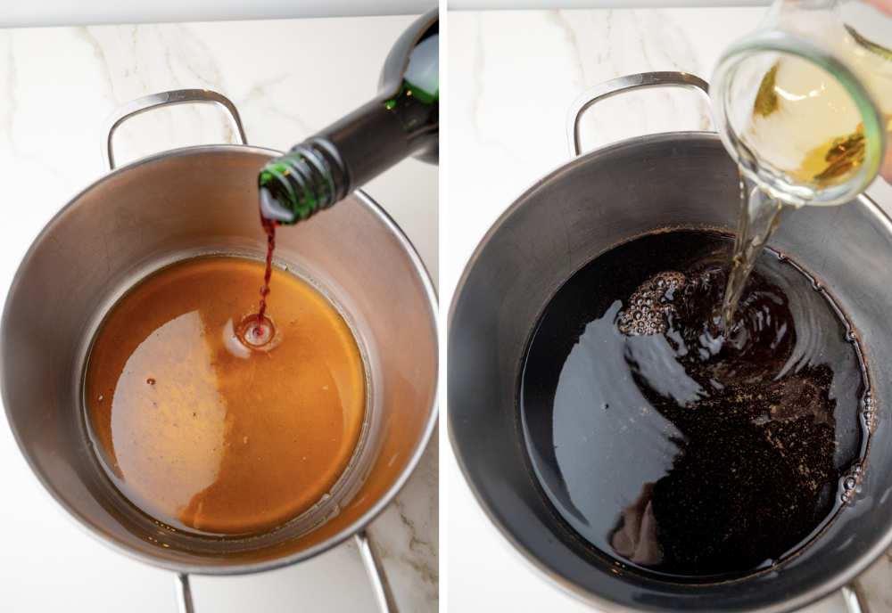 Wine is being added to gingerbread syrup in a pot. Brandy is being added to Glogg in a pot.