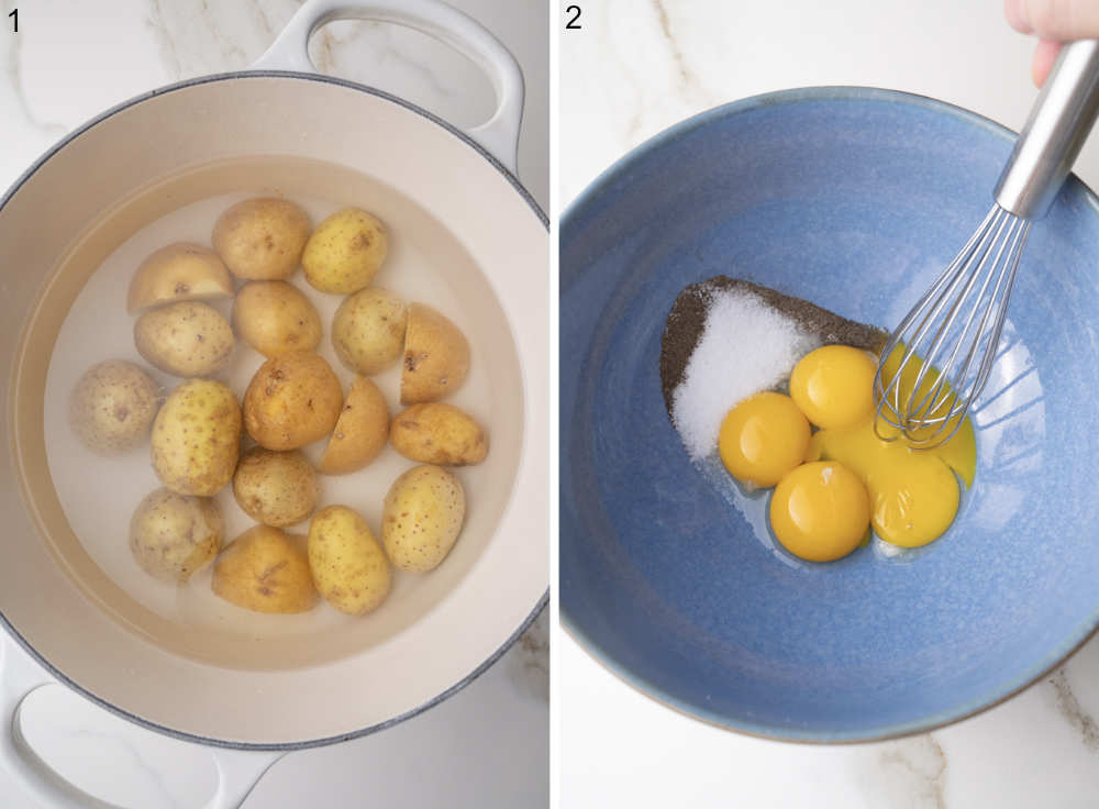Potatoes are being cooked in a pot. Egg yolks in a blue bowl.