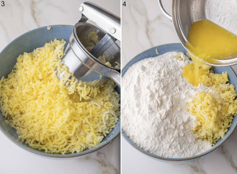 Potatoes are being riced to a blue bowl. Melted butter is being added to flour and potatoes in a blue bowl.