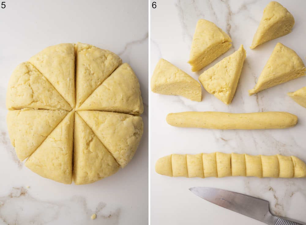 Schupfnudeln dough divided into 8 wedges. A log made from potato dough is divided into smaller pieces.