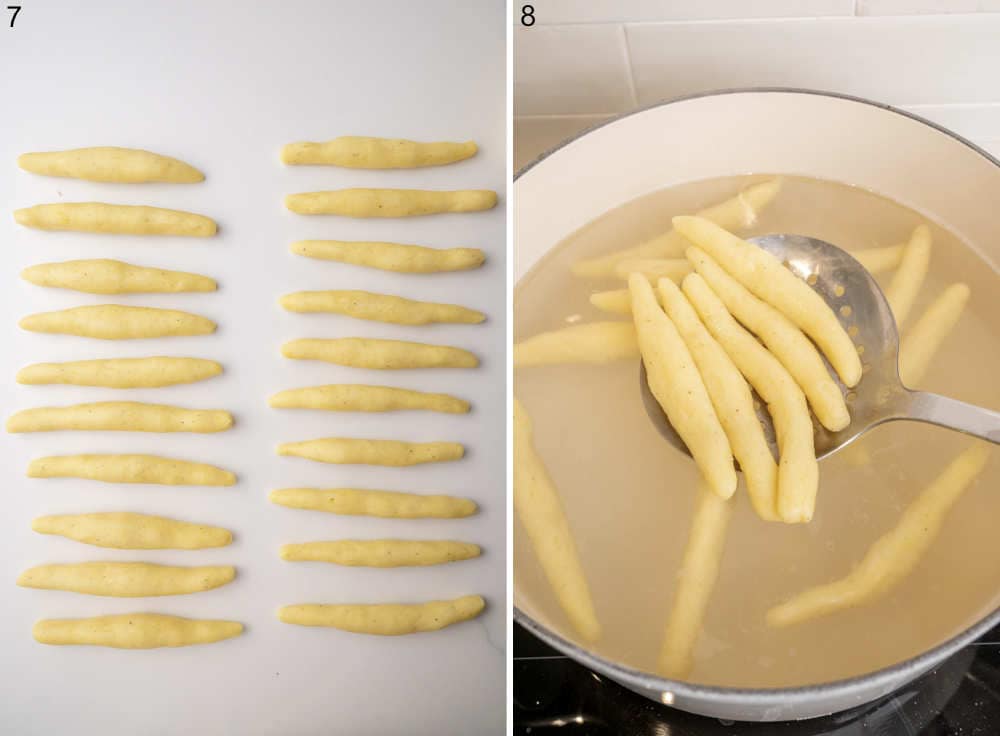 Formed Schupfnudeln on a white countertop. Schupfnudeln are being cooked in a pot.