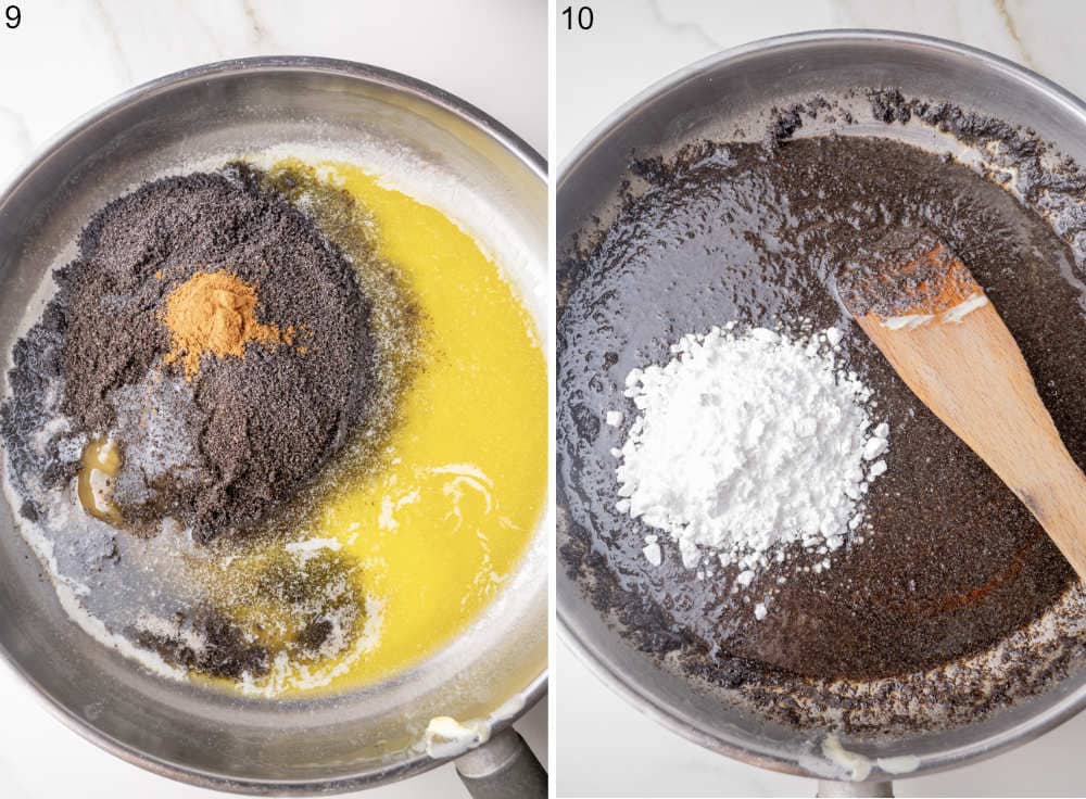 Poppy seeds and butter in a pan. Poppy seed butter and powdered sugar in a pot.