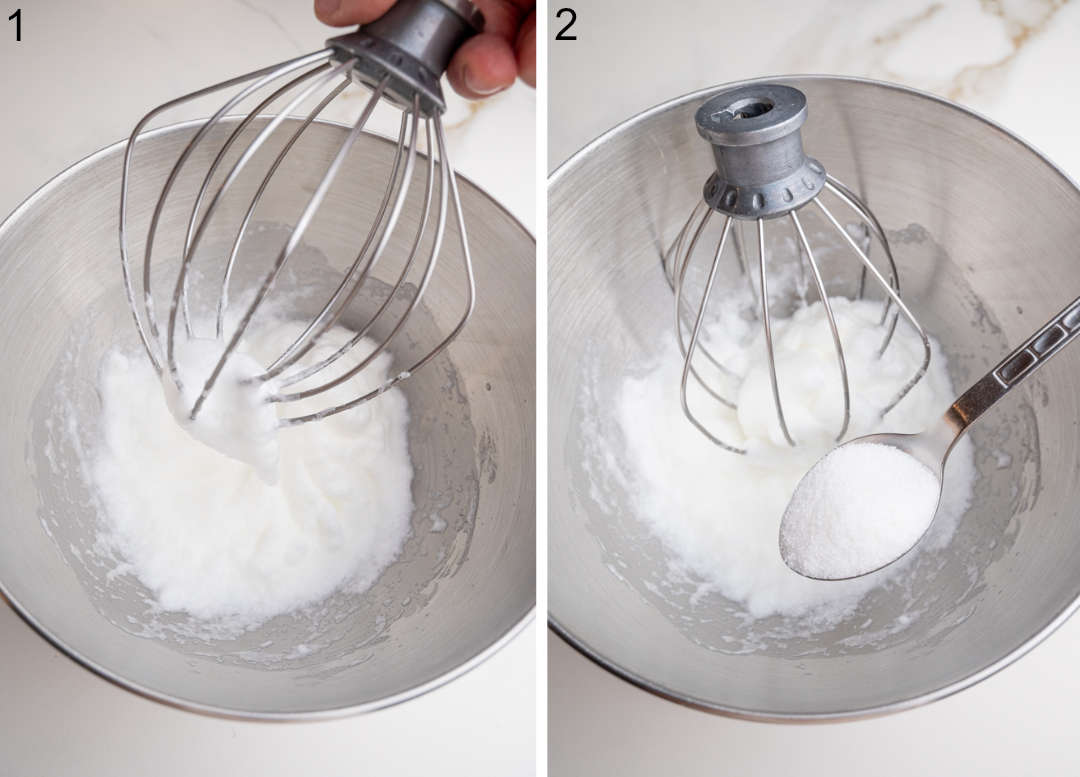 Egg whites are being beaten with a stand mixer.