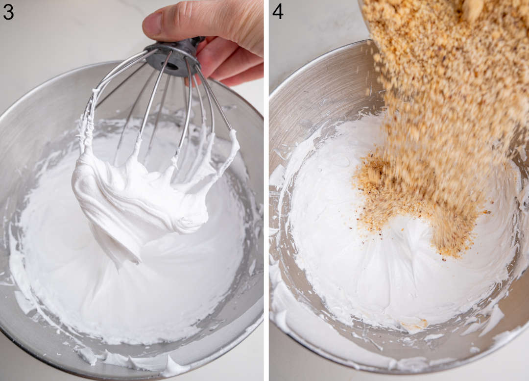 Meringue mixture on a whisk. Ground nuts are being added to meringue in a bowl.