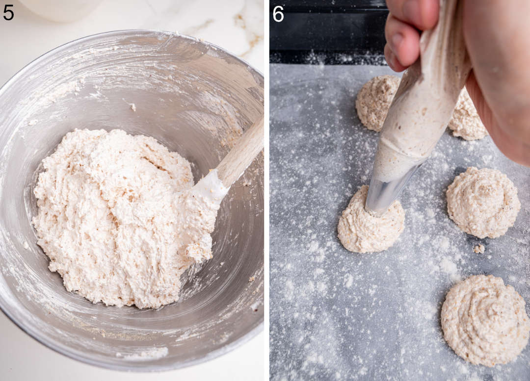 Nussmakronen batter in a bowl. Nussmakronen cookies are being piped onto parchment paper.