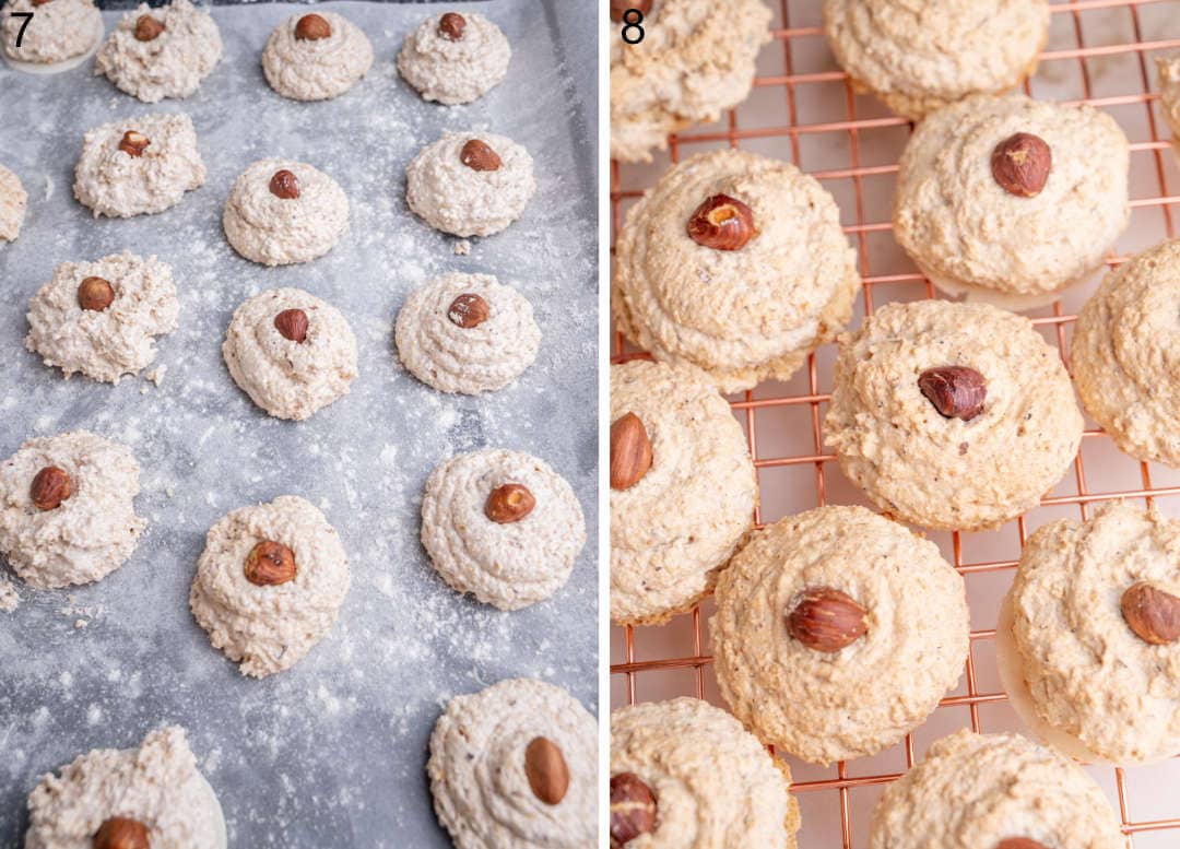 Nussmakronen cookies ready to be baked. Baked Nussmakronen on a wire rack.