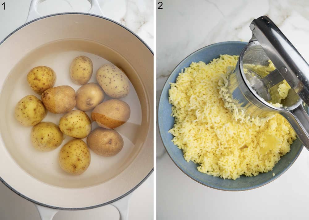 Potatoes are being cooked in a pot. Cooked potatoes are being mashed using a potato ricer.