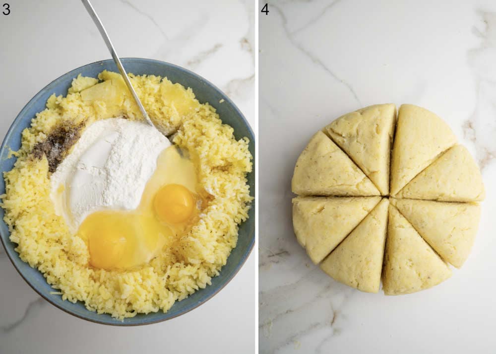 All the ingredients for Schupfnudeln in a bowl. Potato dough for Schupfnudeln divided into 8 parts.