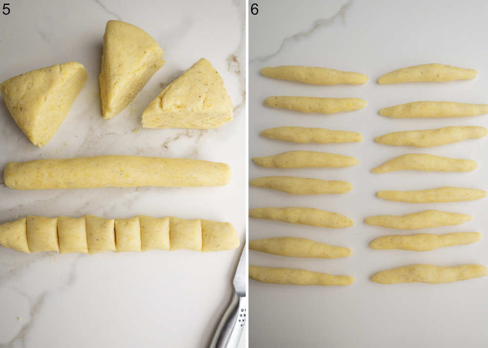 Different steps showing how to shape Schupfnudeln.