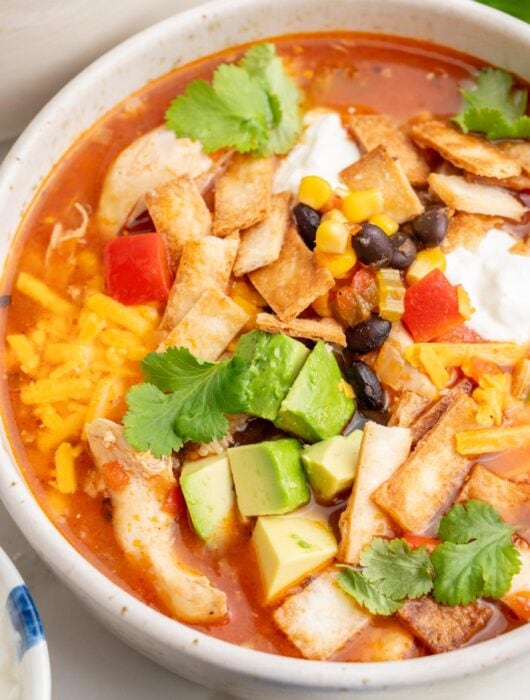 Chicken tortilla soup in a white bowl.