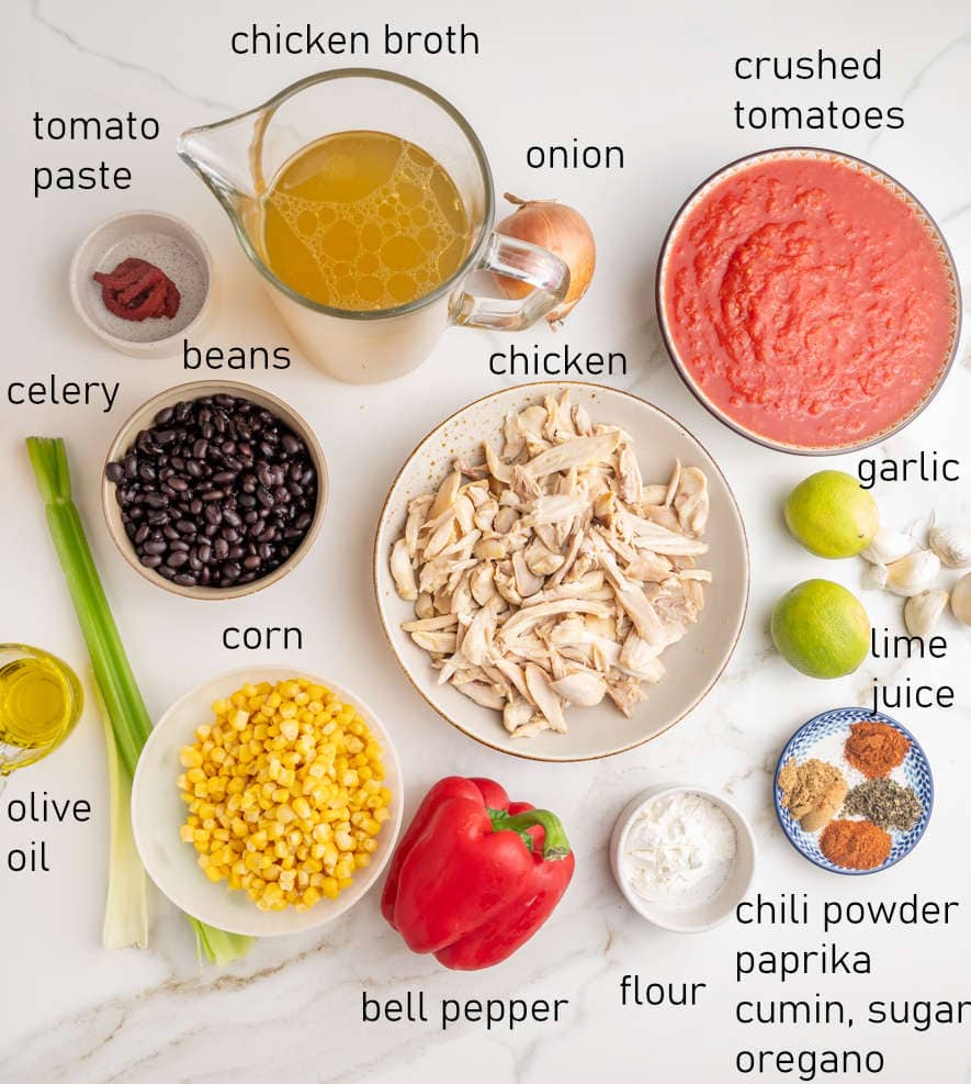 Labeled ingredients for chicken tortilla soup.