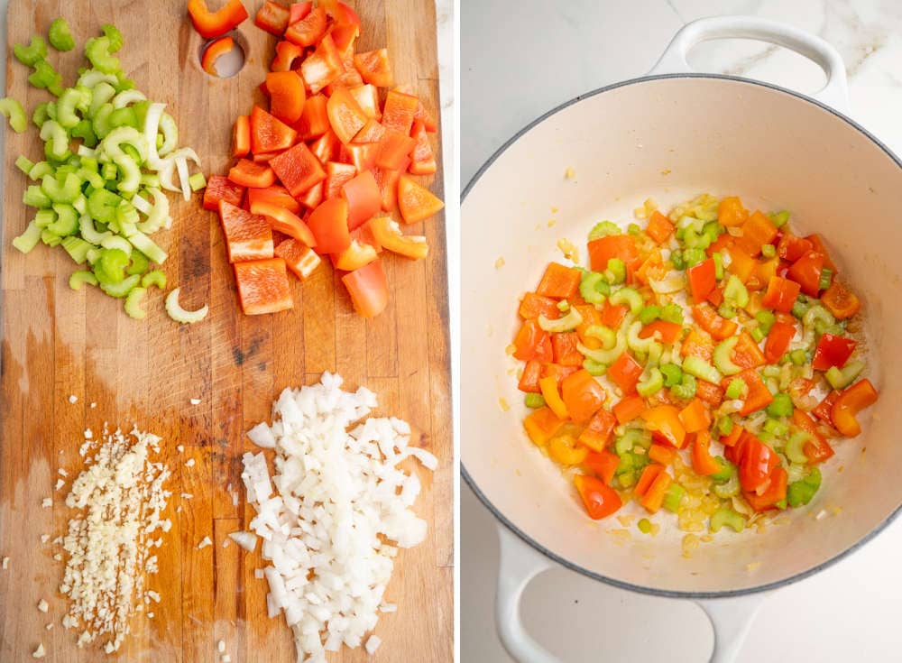 Chopped vegetables on a wooden board. Sauteed vegetables in a pot.