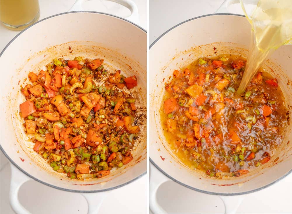 Sauteed vegetables with flour, tomato paste, and spices in a white pot. Broth is being added to the pot.