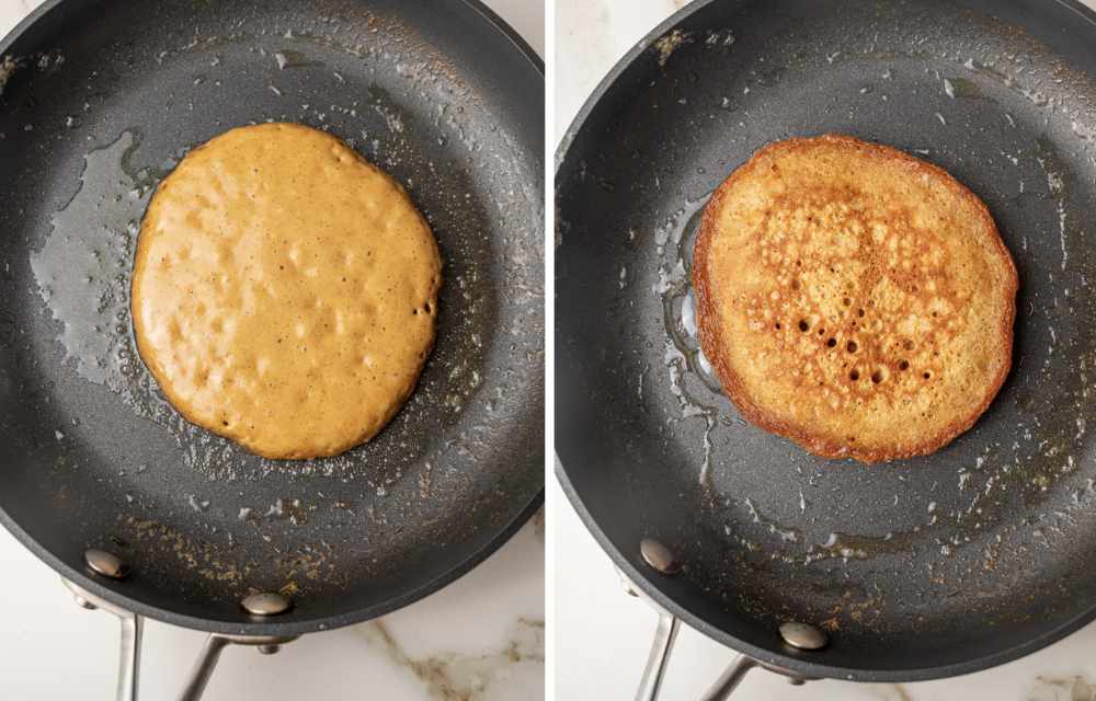 Gingerbread pancakes are being cooked in a black pan.