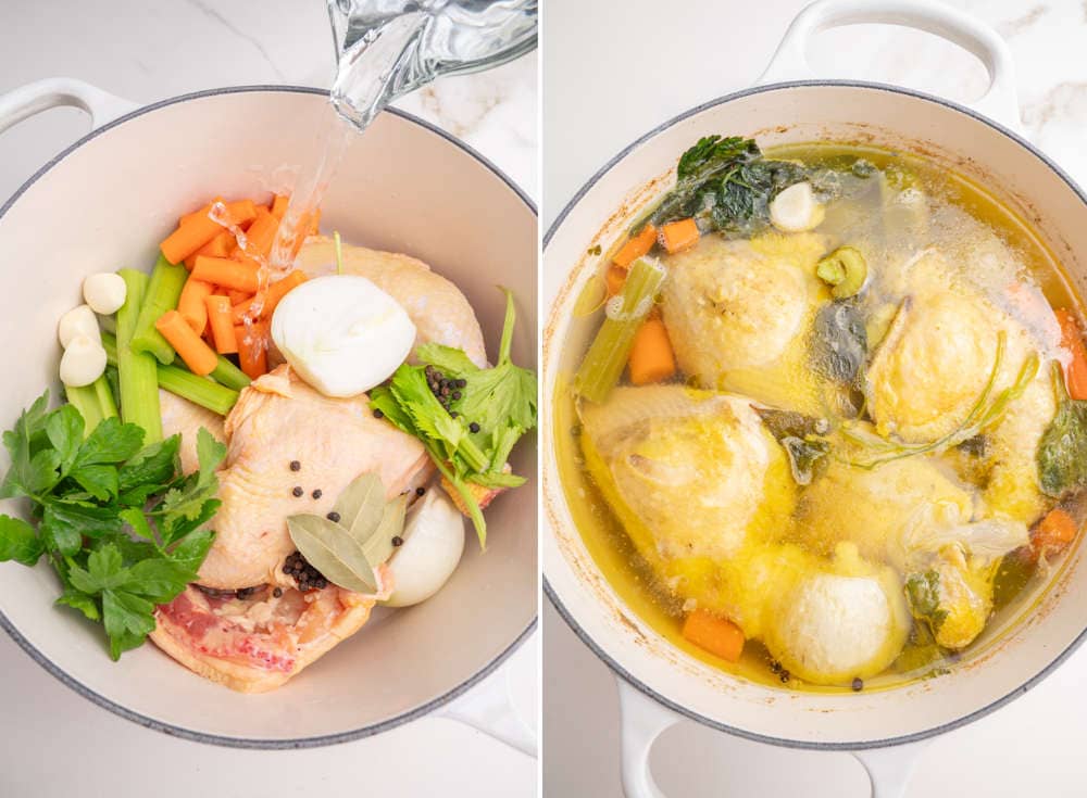 Water is being added to vegetables and chicken in a pot. Chicken broth in a white pot.