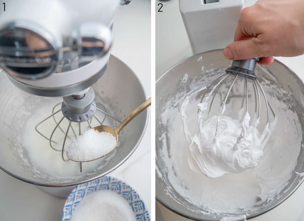 Sugar is being added to egg whites in a bowl. Whipped meringue on a whisk.