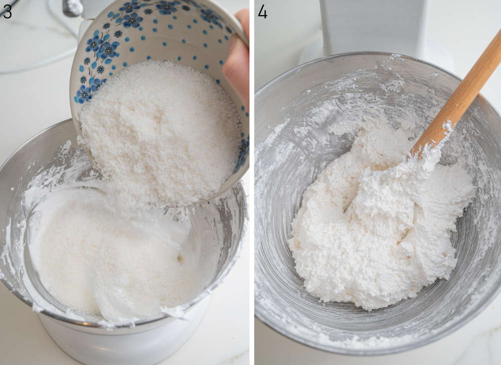 Shredded coconut is being added to whipped egg whites in a bowl. Kokosmakronen cookie batter in a metal bowl.