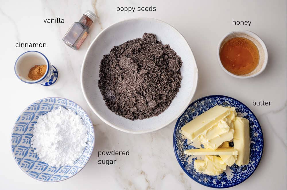 Labeled ingredients for poppy seed butter.