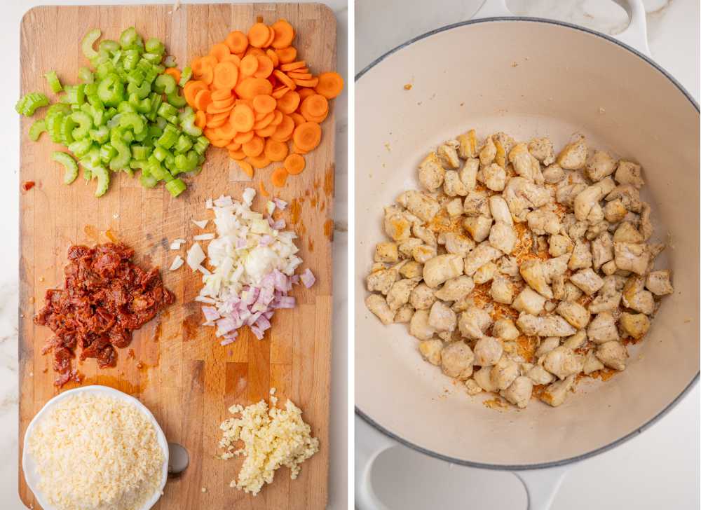 Chopped ingredients for Tuscan chicken soup. Cooked chicken cubes in a white pot.