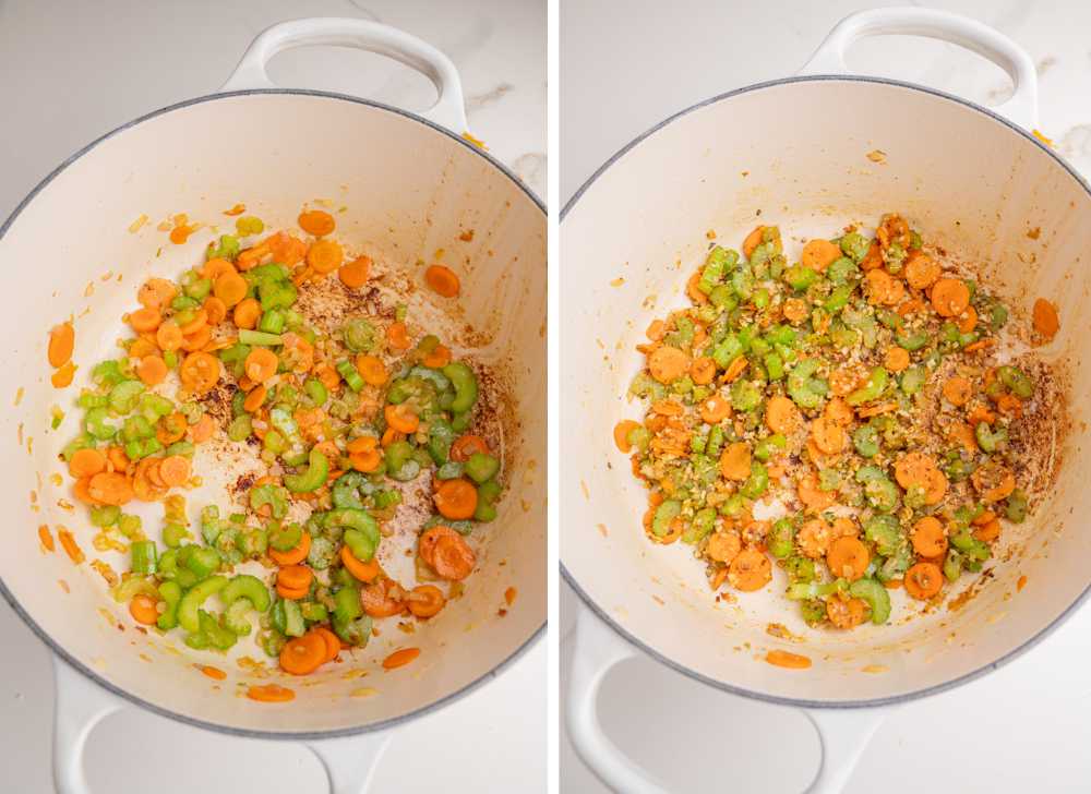 Sauteed vegetables in a white pot.