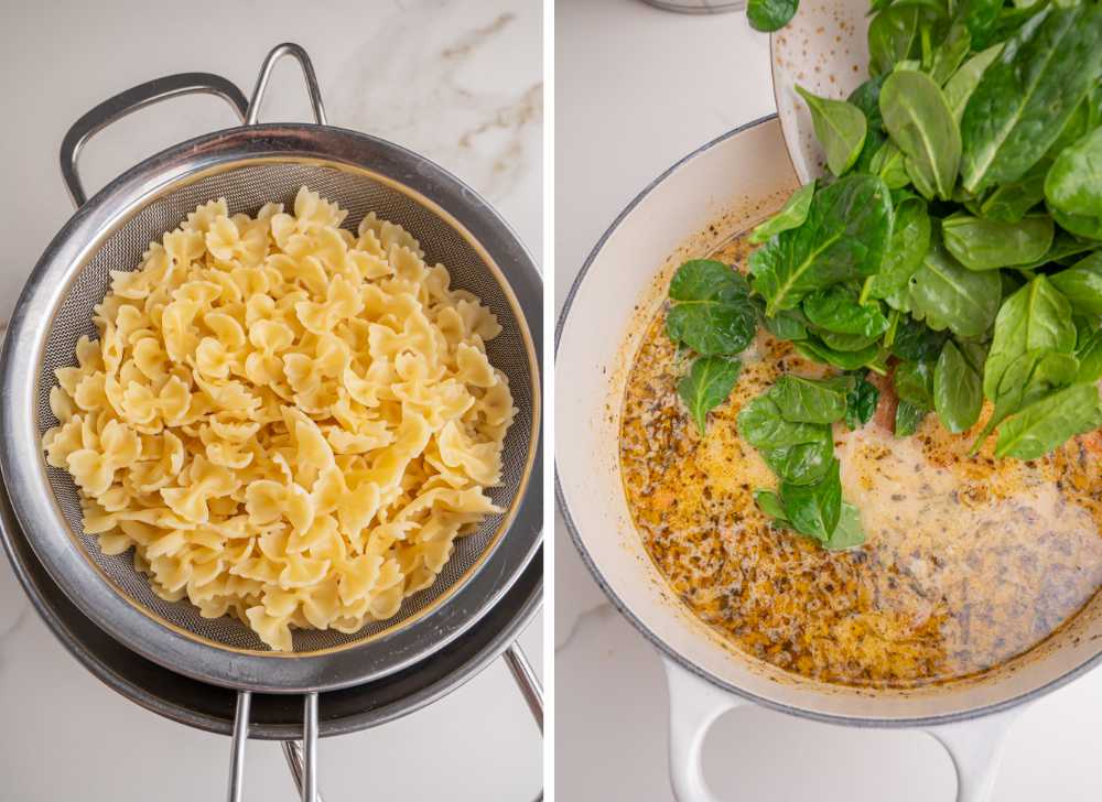 Cooked pasta on a sieve. Spinach is added to a soup in a white pot.