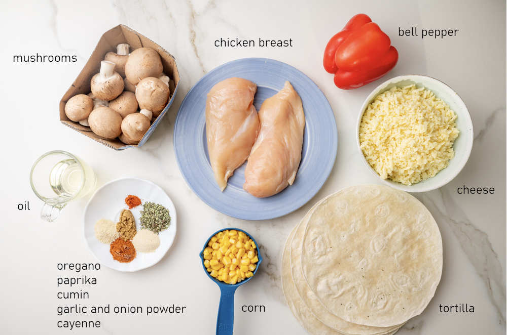 Labeled ingredients for chicken quesadillas.