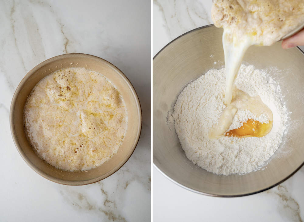 Proofed yeast in a bowl. Proofed yeast milk mixture is being added to a bowl with flour and egg.