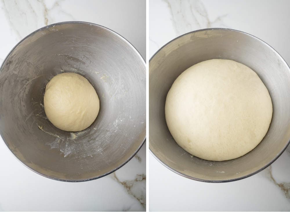 Yeast dough in a metal mixing bowl. Proofed yeast dough in a bowl.