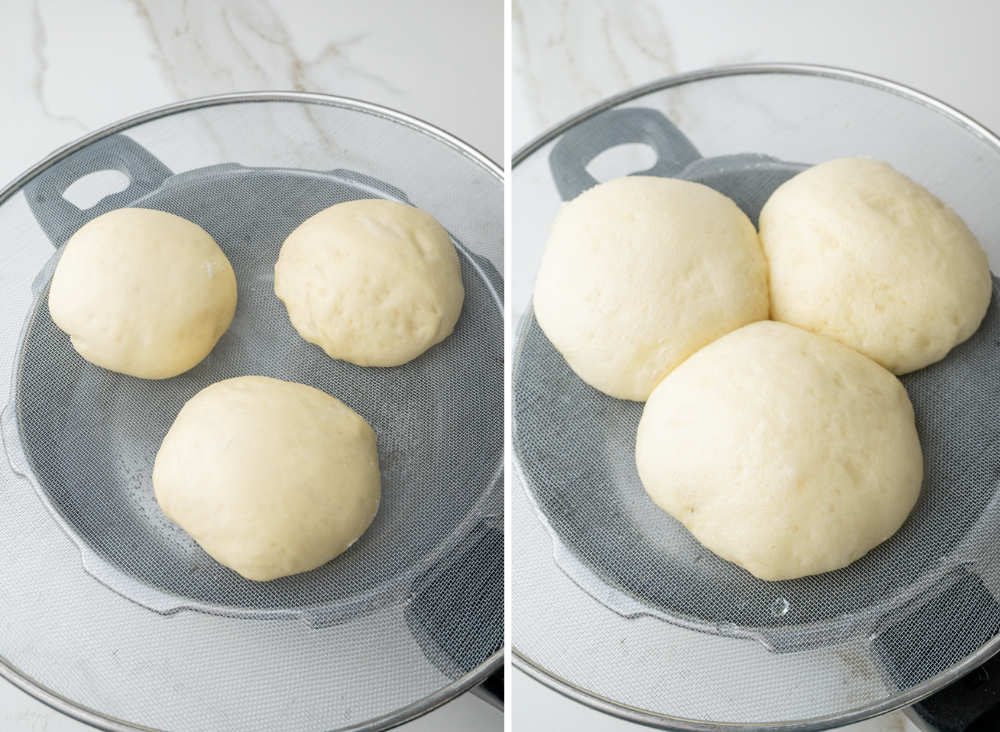 Yeast dough balls ready to be steamed on a splash guard placed over a pot. Steamed buns on a splash guard.