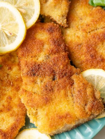 A close up photo of pan-fried carp fillets on a blue plate.