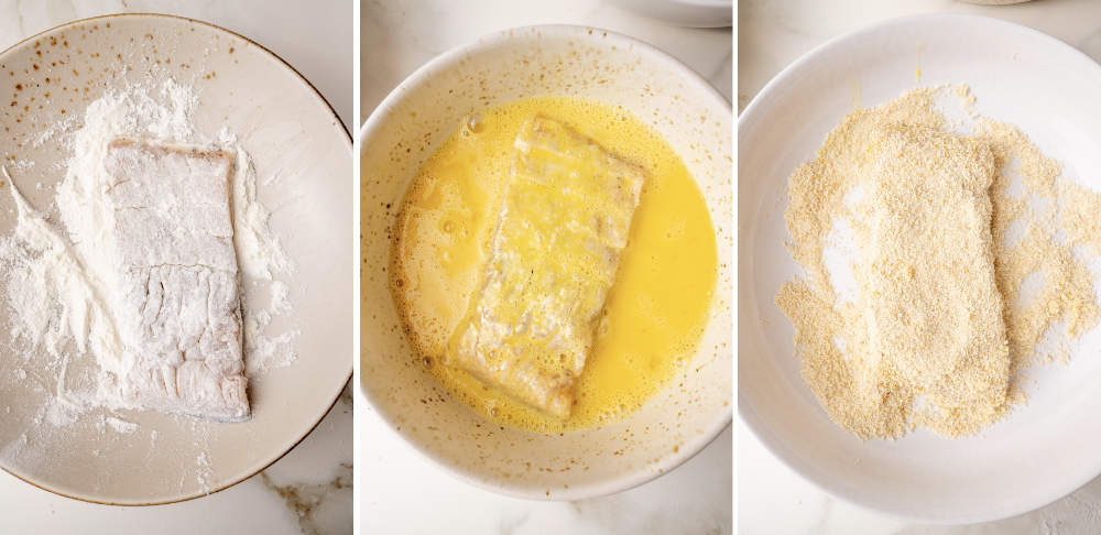 A collage of 3 photos showing three steps of breading fish fillets.