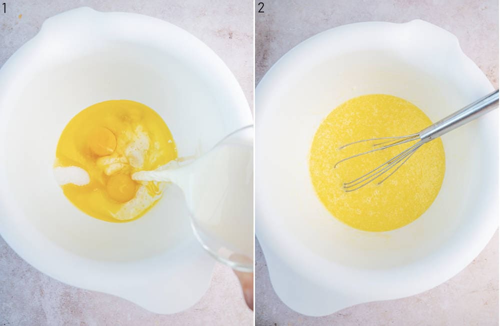 Wet ingredients for pancakes in a white bowl.