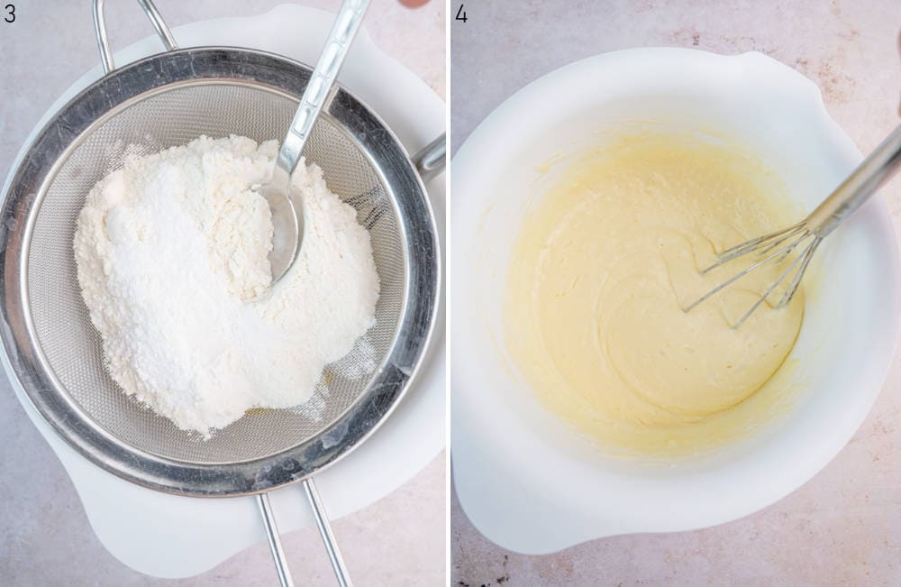 Dry ingredients for pancakes on a sieve. Pancake batter in a white bowl.