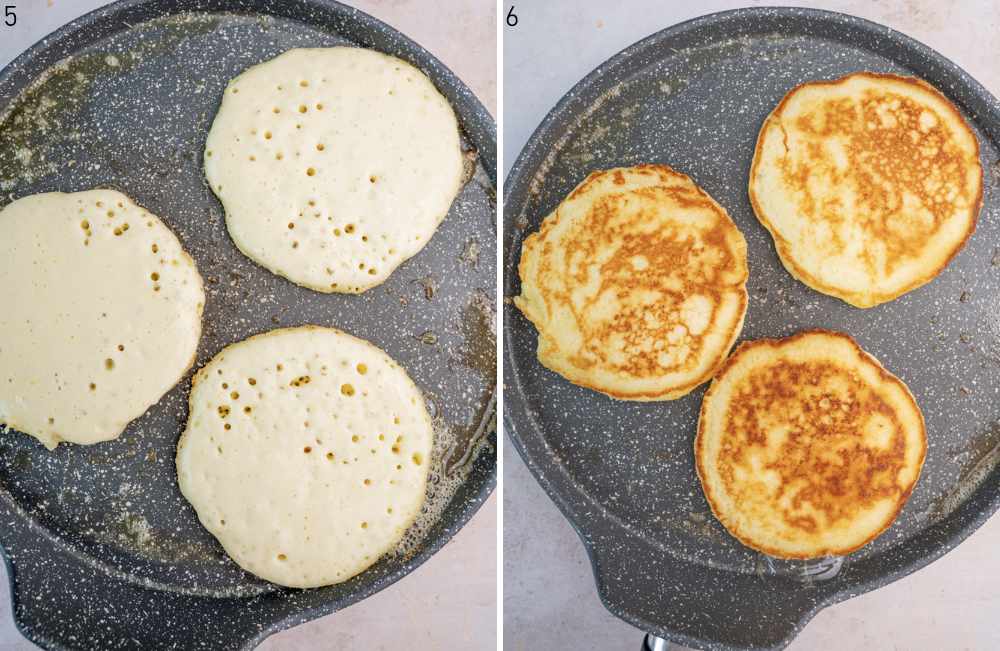 Pancaks are being cooked on a grey pancake pan.