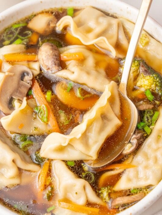 A close up photo of potsticker soup in a white bowl.