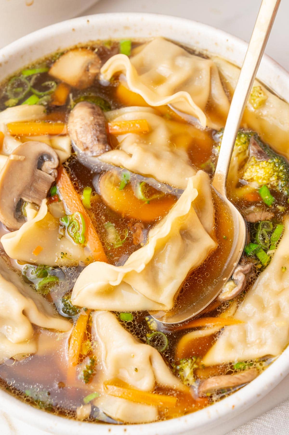 A close up photo of potsticker soup in a white bowl.