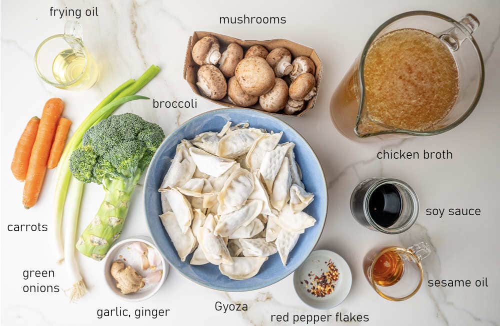 Labeled ingredients for potsticker soup.