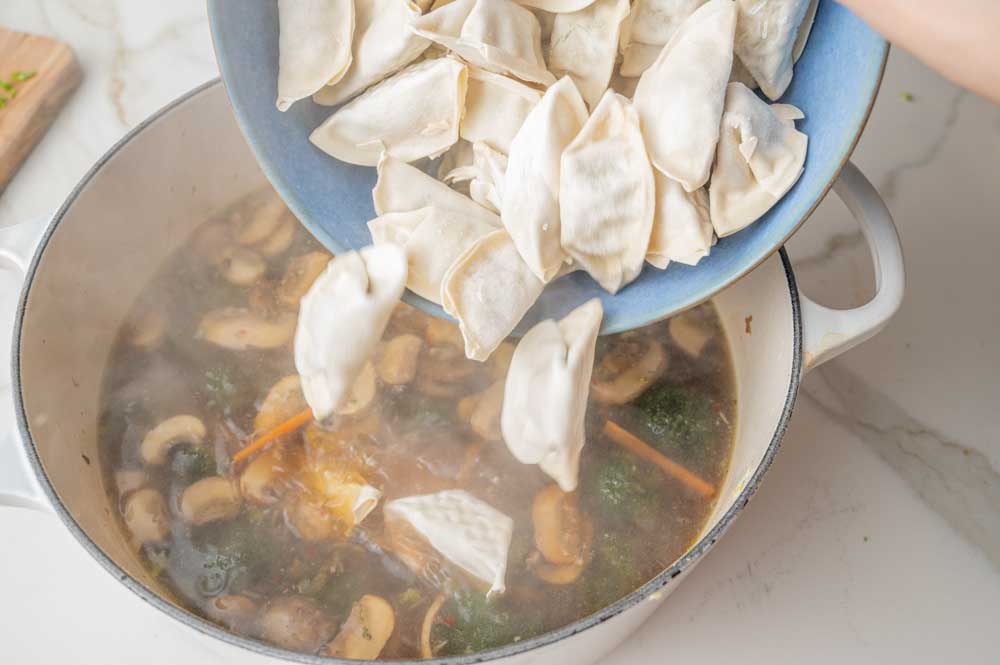 Gyoza are being added to a soup in a pot.