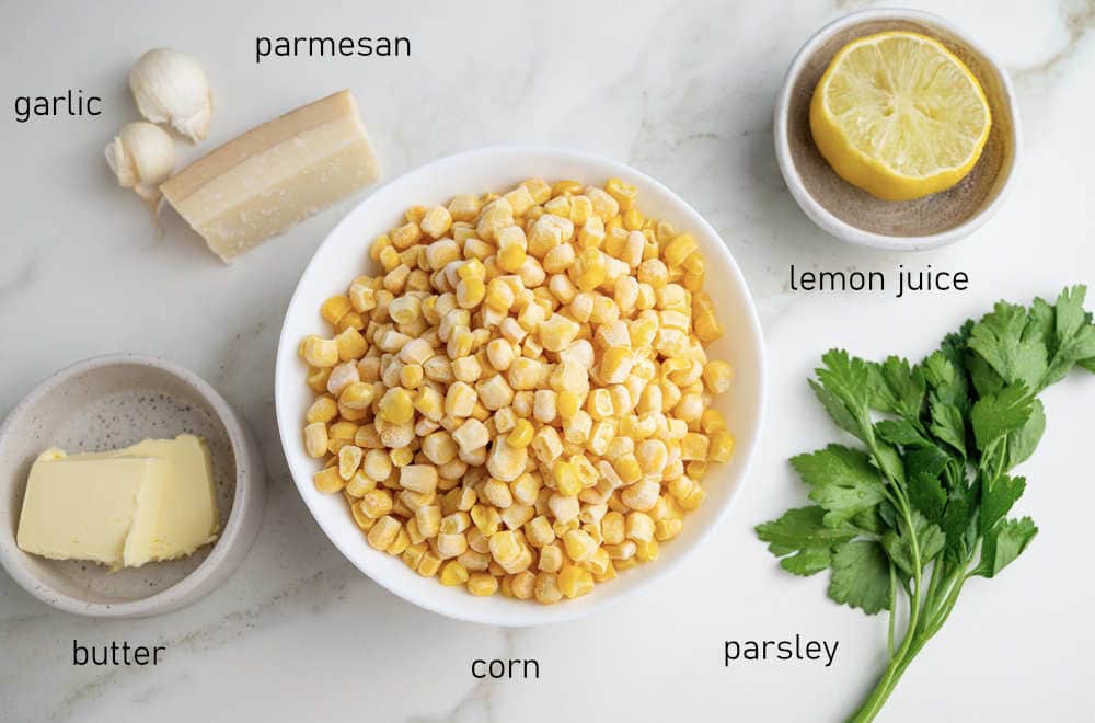 Labeled ingredients for sauteed corn.