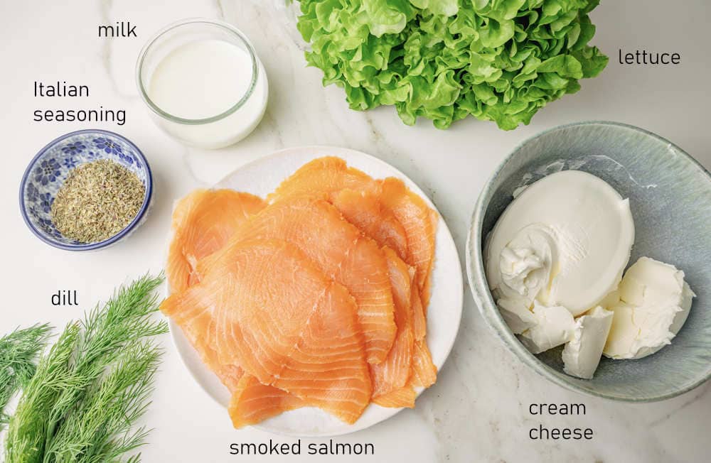 Labeled ingredients for filling for smoked salmon crepes.